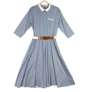 VTG Alison J. Midi Dress Womens Sz 12 Blue White Plaid 3/4 Sleeve Cottagecore